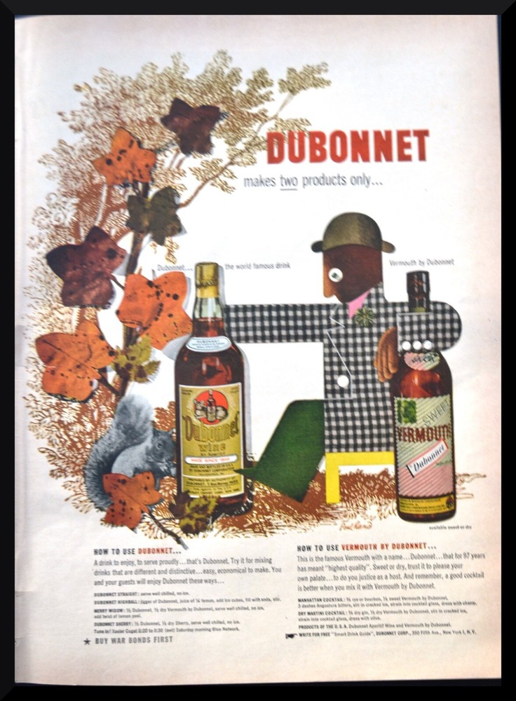 1943 Dubonnet Original Vintage PRINT AD Wine and Vermouth Fall Foliage Motif