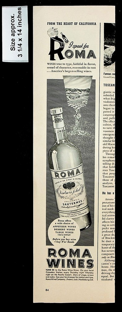 1944 Roma Wines California Sauternes Drink Dessert Vintage Print Ad 38617