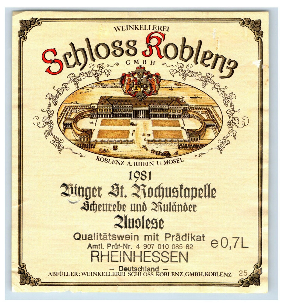 1960&rsquo;s-80&rsquo;s Schloss Roblene Binger St. Rochustapelle German Wine Label S72E