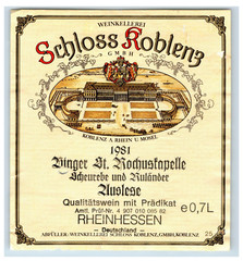 1960&rsquo;s-80&rsquo;s Schloss Roblene Binger St. Rochustapelle German Wine Label S72E