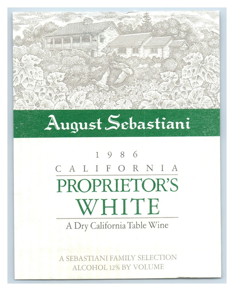1986 Sebastiani Vineyards Proprietor&rsquo;s White California Wine Label Original S8