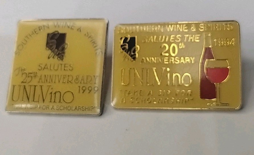 2x UNLVino 1994 & 1999 Southern Wine & Spirits 20th & 25th Anniversary Lapel Pin
