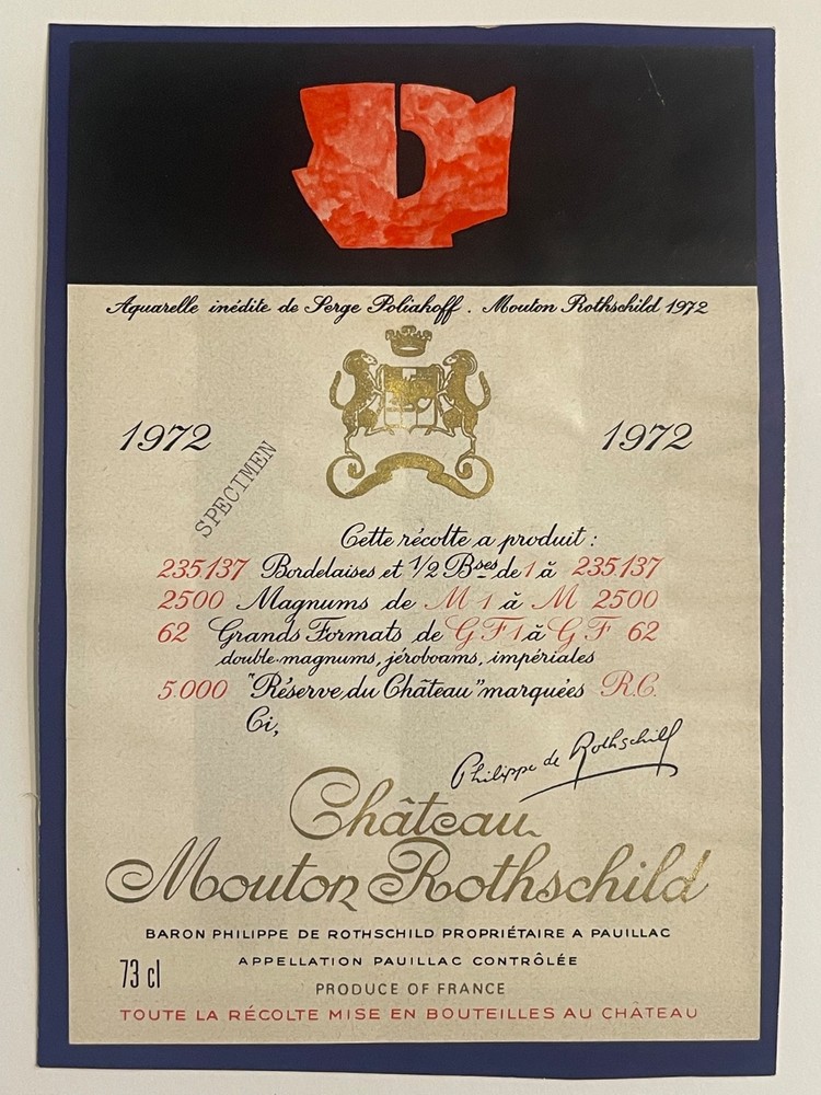 Chateau Mouton Rothschild wine label specimen by Serge Poliakoff rosscardstamps