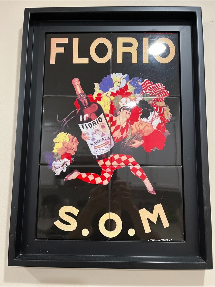 Vintage Florio S.O.M Marcello Dudovich Marsala Wine Ad Framed Ceramic Tile Art