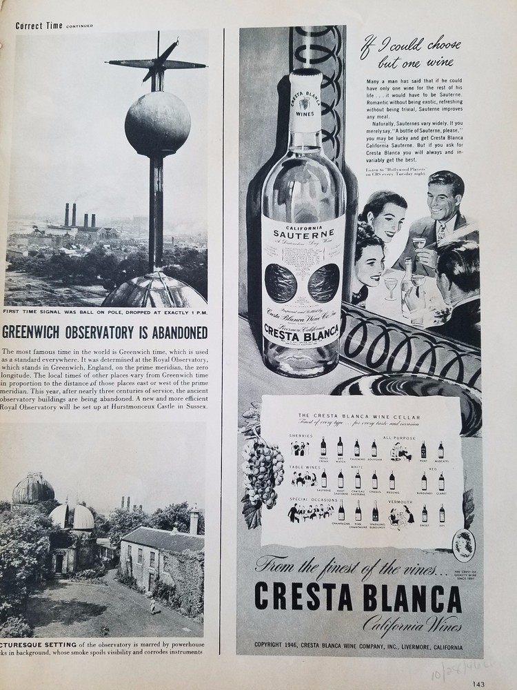 1946 Cresta Blanca California Sauterne Wine Cellar Original Ad