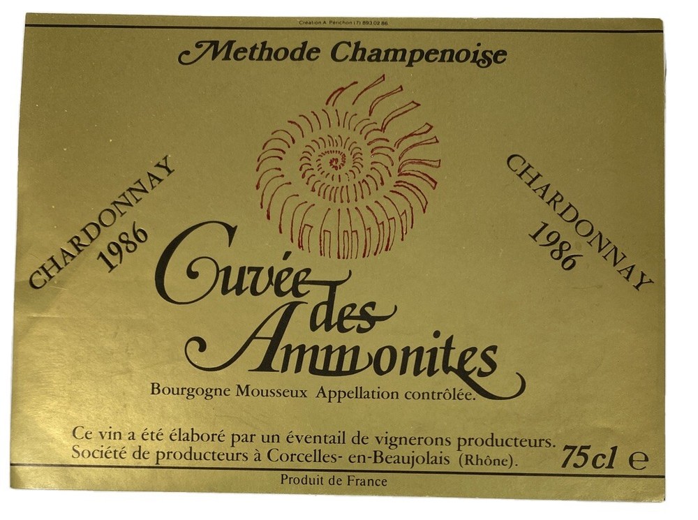 1986 Cuvee des Ammonites Chardonnay VTG Champenoise Wine Label French Specimen