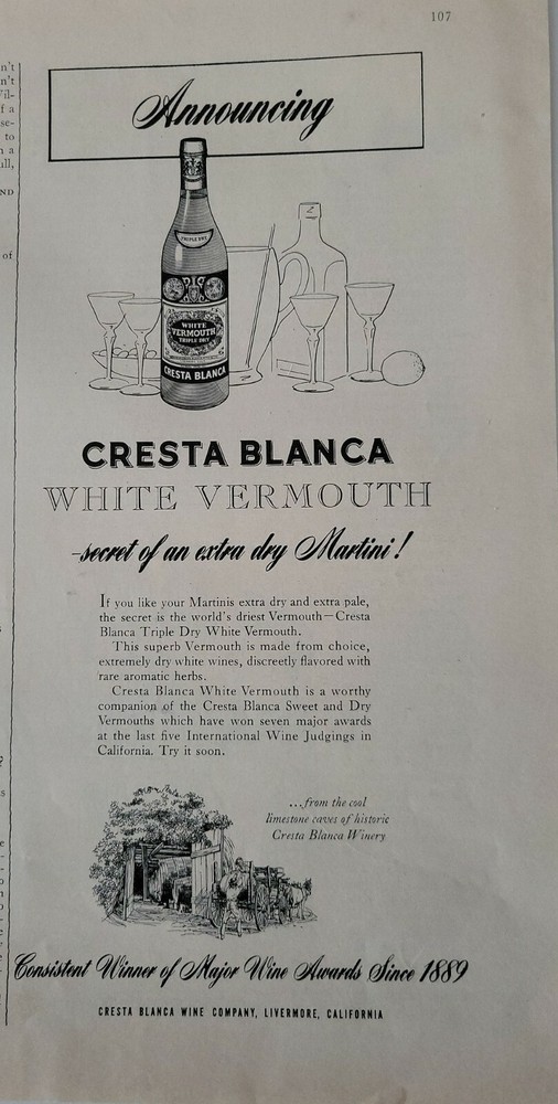 1952 Cresta Blanca white vermouth Vintage original ad