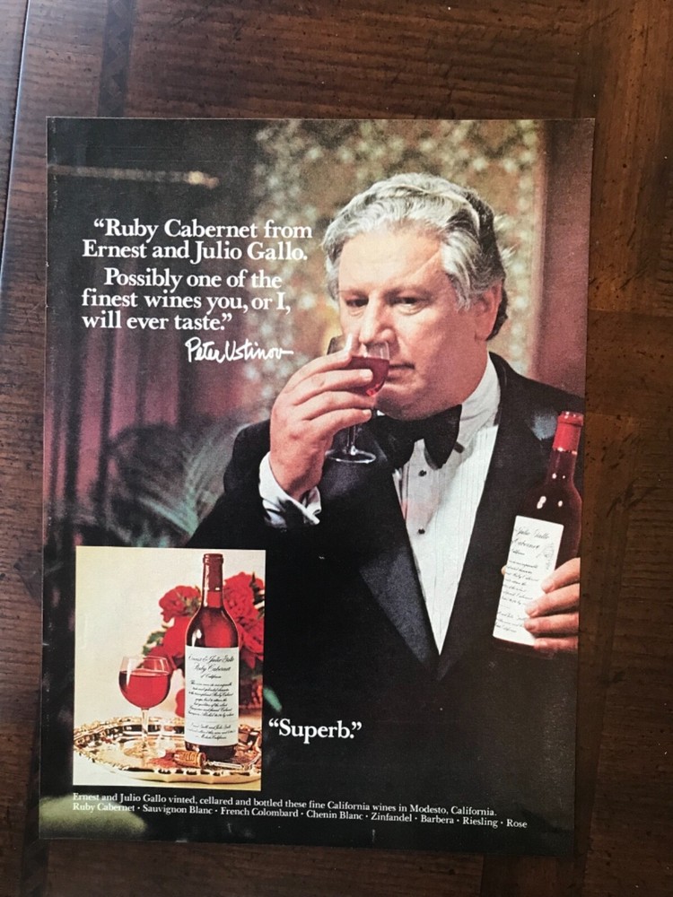 1975 vintage original print ad Ernest & Julio Gallo Cabernet With Peter Ustinov