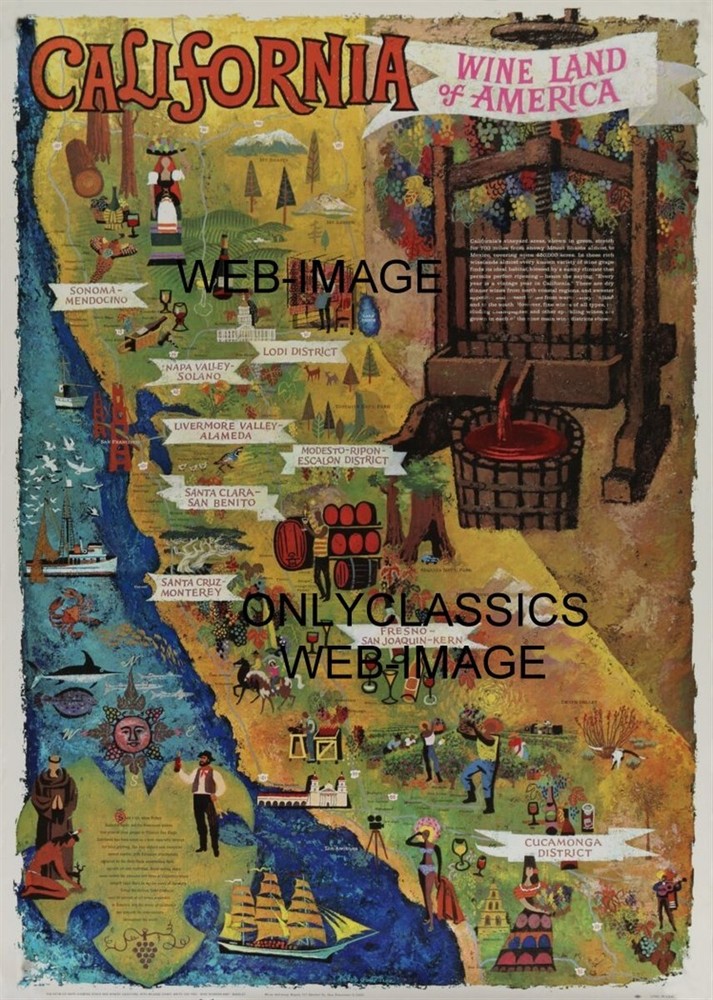 CALIFORNIA WINE LAND OF AMERICA ADVERTISING TRAVEL 12X18 POSTER MAP VINEYARD