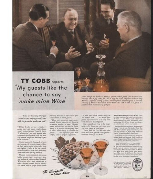 1940 Ty Cobb Basedball California Wine Advisory Board Print Ad Detroit tigers