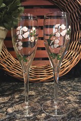 PERRIER JOUET Crystal Belle Epoch Anemone Hand Painted Champagne Flutes (2) MINT