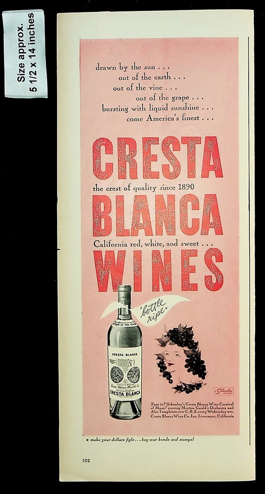 1944 Cresta Blanca Wines Red White Bottle Ripe Grapes Vintage Print Ad 38628
