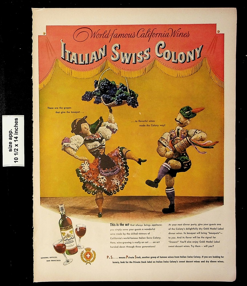 1946 Italian Swiss Colony California Burgundy Wine Puppet Vintage Print Ad 23173