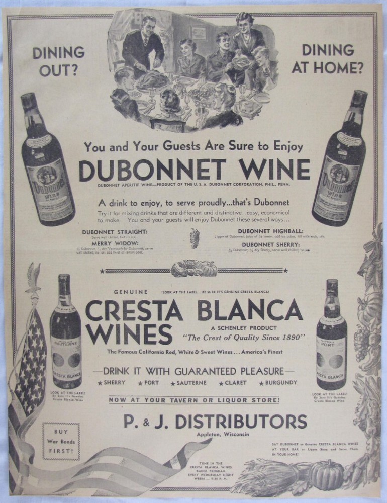 Vintage 1943 DUBONNET / CRESTA BLANCA Wine Bottle LARGE Newspaper Print Ad