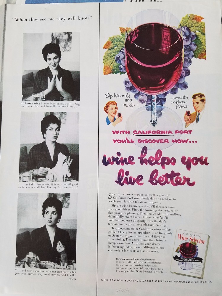 1954 Wine Selector Guide Book Wine Glass California Port Original Color Ad