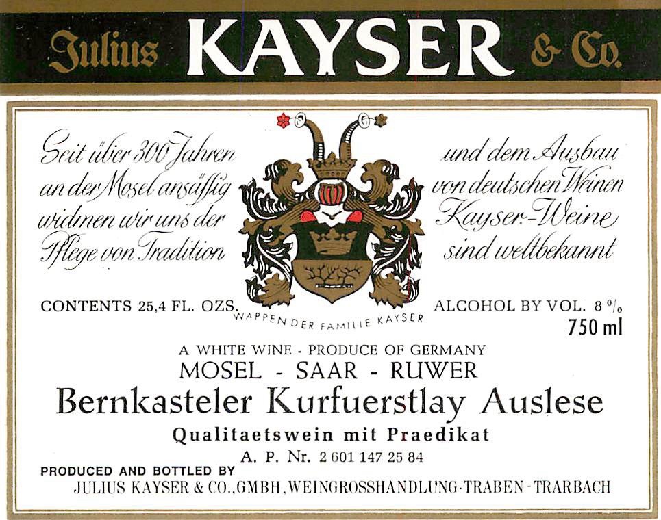 Kayser Bernkasteler Kurfuerstlay Auslese White 1970s 1980s Vintage Wine Label