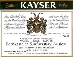 Kayser Bernkasteler Kurfuerstlay Auslese White 1970s 1980s Vintage Wine Label