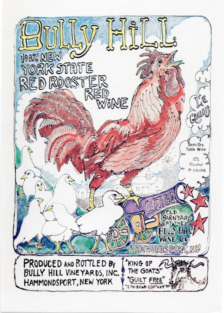 Vintage Bully Hill Wine Co. Red Rooster Red Wine Label UNUSED NEW 1980s
