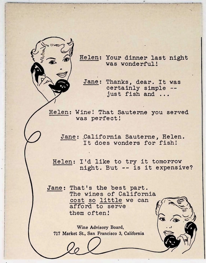 Vintage 1949 Print Ad Wine Advisory Board California Phone Call Sauterne