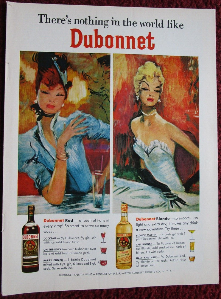 1963 DUBONNET Aperitif Wine Print Ad ~ Sexy Girls, Blonde and Redhead ART