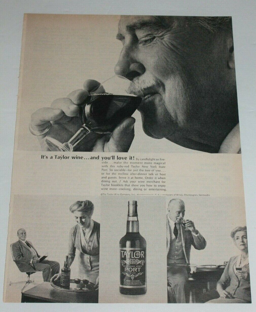 1964 Taylor Port Wine Couple Drinking Vintage Print Ad magazine mid-century B&W