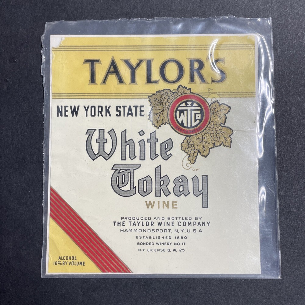 Vintage 1930s Taylor&rsquo;s White Tokay Wine UNUSED Paper Label New York State Q1907