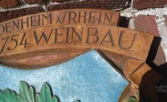 VINTAGE BODENHEIM A/RHEIN GERMANY, LARGE HEAVILY CARVED WOOD CITY SEAL SIGN.