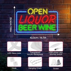 Open Liquor Beer Wine Neon Sign For Business Wall Decor, Usb Powered Neon Bar…