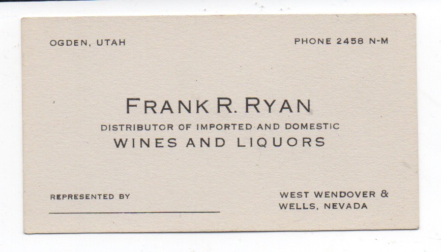 1930s Business Card Frank Ryan Wine distributor Ogden Utah & Wells Nevada