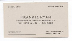 1930s Business Card Frank Ryan Wine distributor Ogden Utah & Wells Nevada