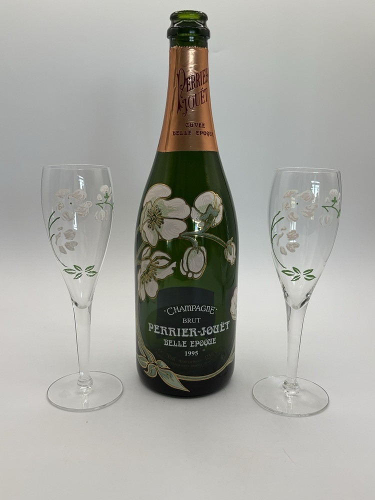 Vintage 1995 Perrier Jouet 1.5L Empty Champagne Bottle With 2 Matching Glasses