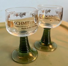 2 Vintage Schmitt Sohne West German Wine Goblet Cordial Glasses Clear Green Stem