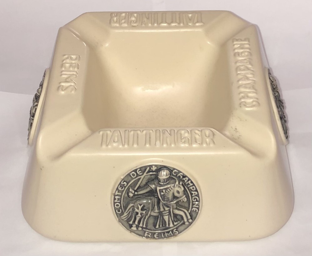 Vintage French Champagne Taittinger Reims Large 8” Ceramic Ashtray