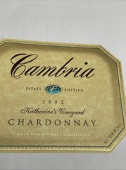 CAMBRIA – KATHERINE&rsquo;S VINEYARD – WINE LABEL 1992 CHARDONNAY