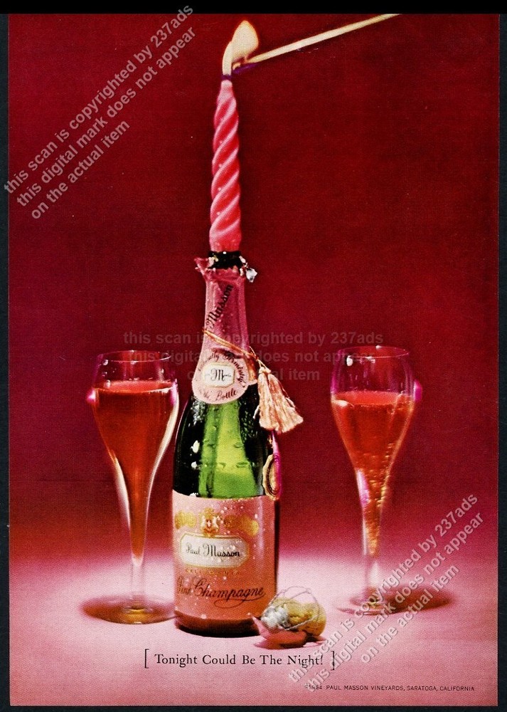 1964 Paul Masson pink champagne bottle and glasses photo vintage print ad