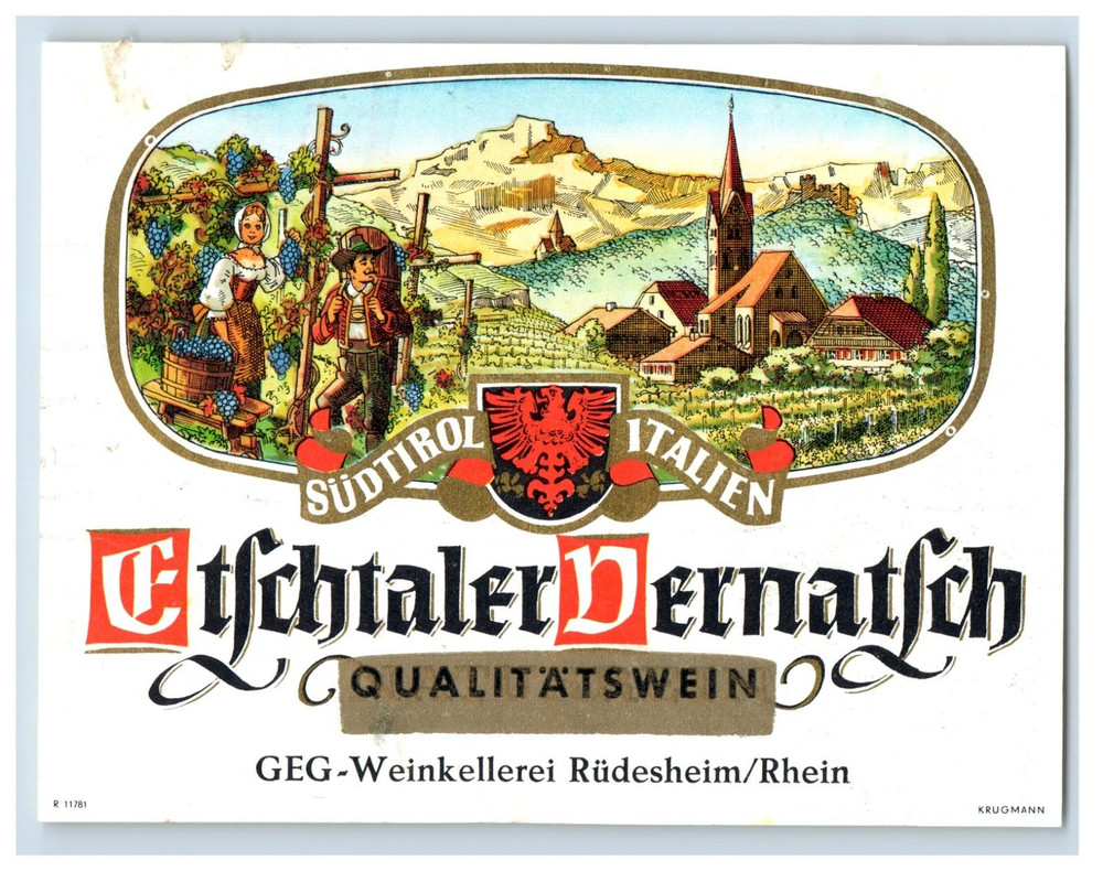 1960&rsquo;s-80&rsquo;s Etschtaler Dernatsch Qualitatswein Gehaltvoll German Wine Label S72E
