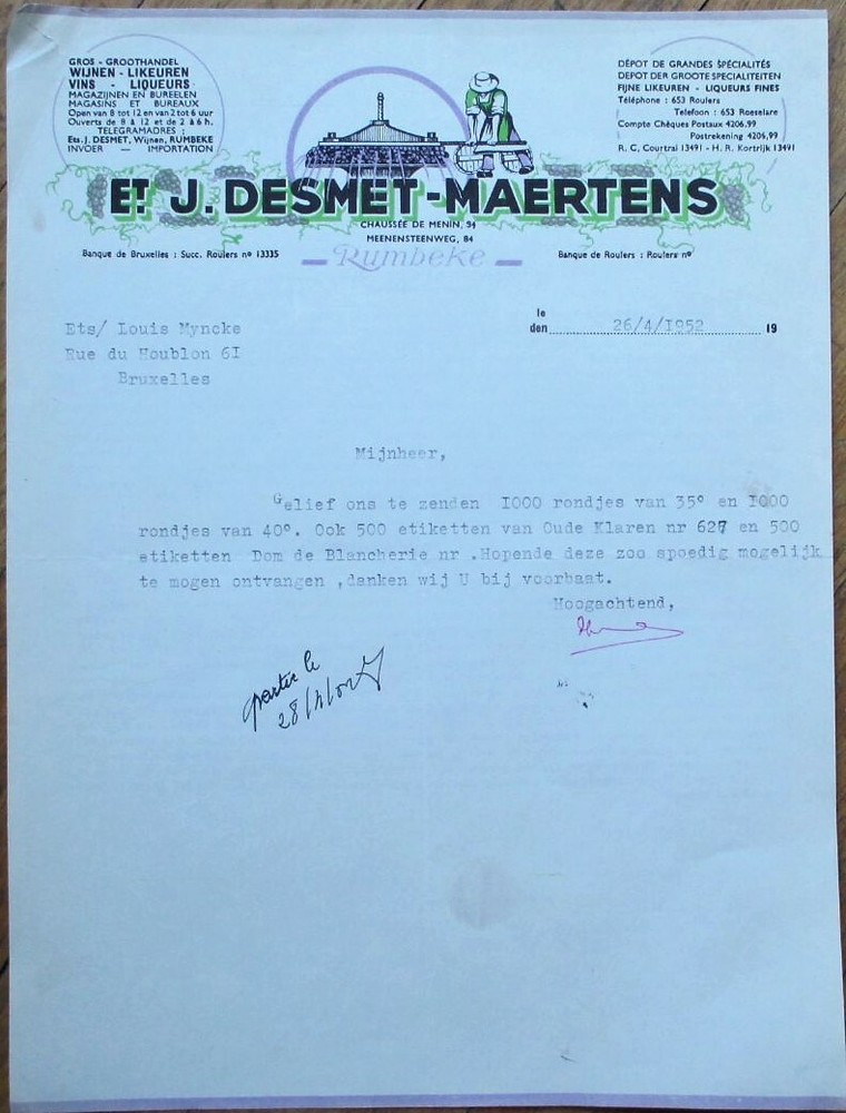 Wine Press Color Vignette 1952 Letterhead: J. Desmet-Maertens, Rumbeke