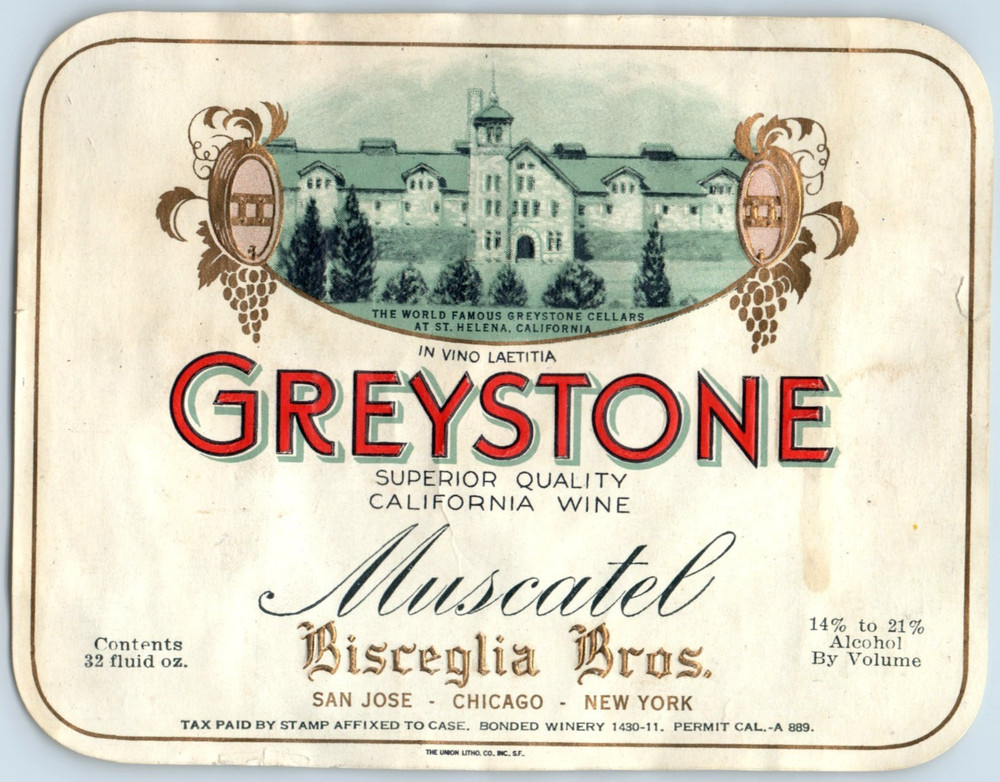 1920s-30s Greystone California Wine Muscatel Bisceglia Bros Label WL2