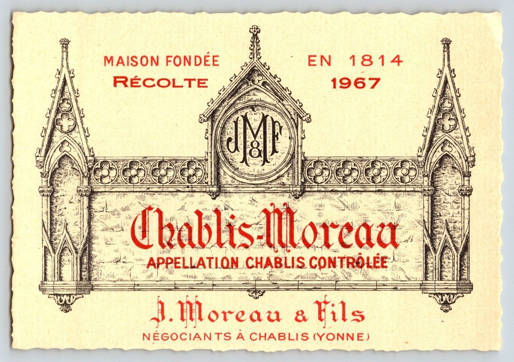 1967 J Moreau & Fils Chablis-Moreau Vintage Wine Bottle Label