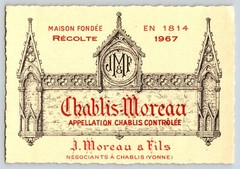 1967 J Moreau & Fils Chablis-Moreau Vintage Wine Bottle Label