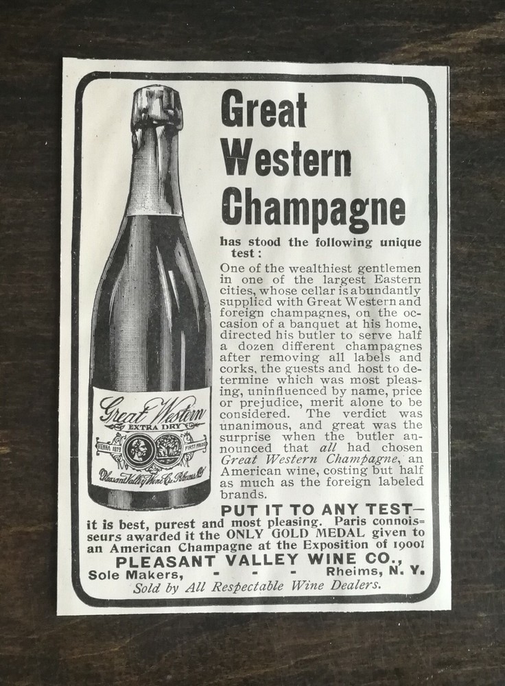 Vintage 1902 Great Western Champagne Pleasant Valley Wine Co Original Ad – 1021