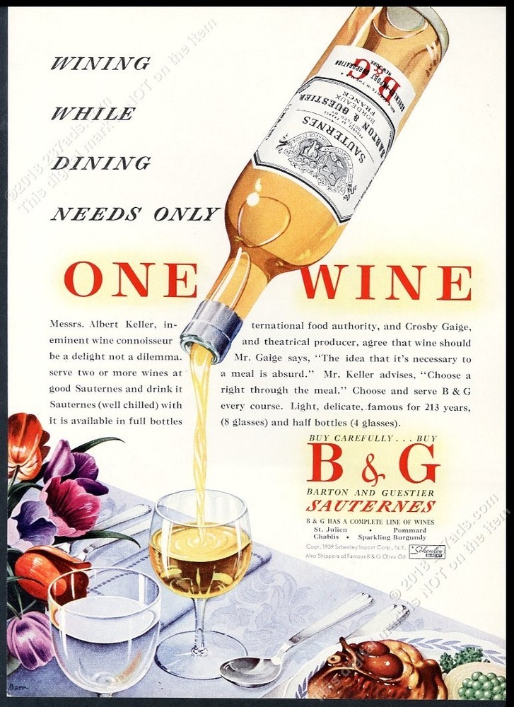 1939 B&G Sauternes wine bottle art vintage print ad