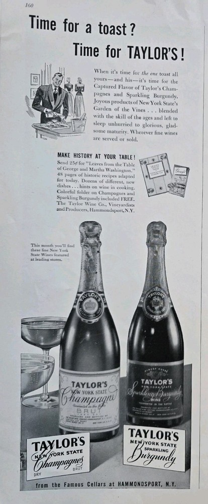 1950 Taylor&rsquo;s New York State Champagne Sparkling Burgundy Wine Vintage ad