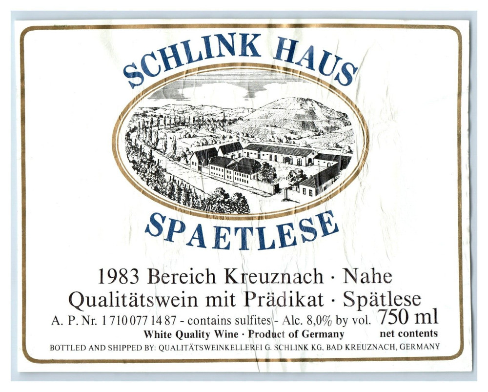 1983 Bereich Kreuznach Nahe Schlink Haus German Wine Label Original S9