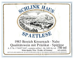 1983 Bereich Kreuznach Nahe Schlink Haus German Wine Label Original S9