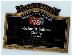 1970&rsquo;s-80&rsquo;s Schmitt Sohne Riesling Trocken German Wine Label Original S43E