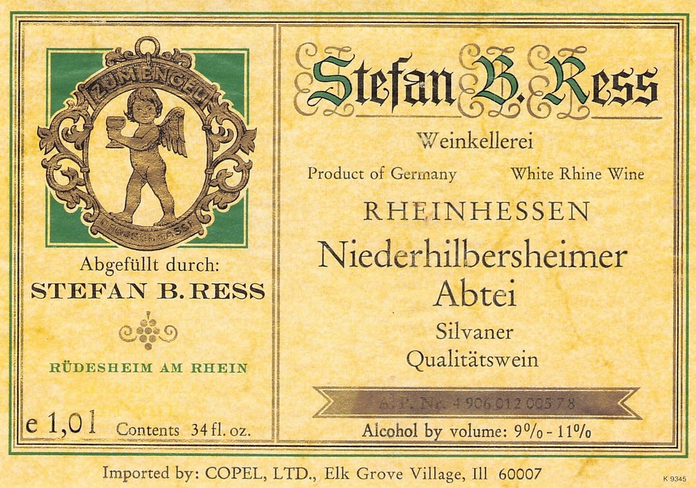 Stefan B. Ress Rhienhessen Niederhilbersheimer Abtei Silvaner wine label 1970s
