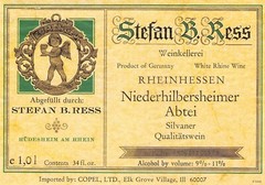 Stefan B. Ress Rhienhessen Niederhilbersheimer Abtei Silvaner wine label 1970s
