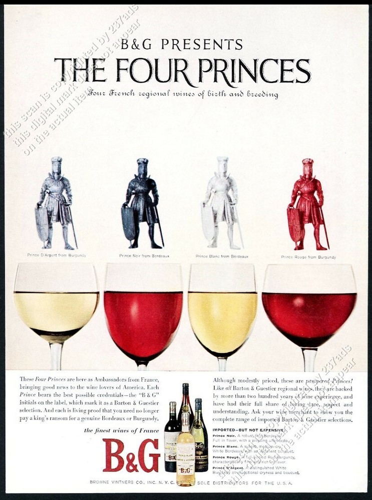 1961 B&G wine 4 types color knight prince art vintage print ad
