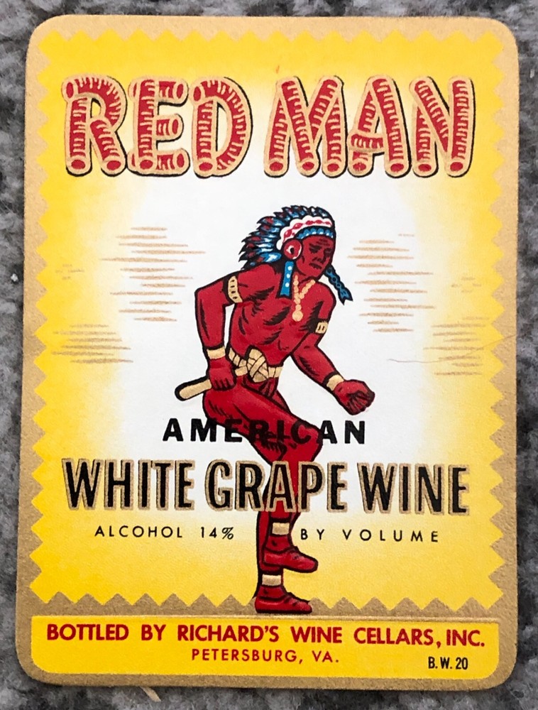 Wine Bottle Label American White Grape Vintage Original 1940&rsquo;s Red Man NOS